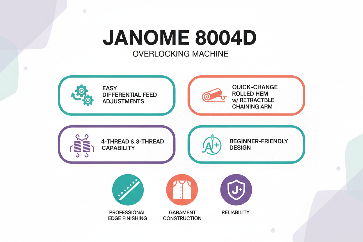 Janome 8004D overlocking machine features on a white background
