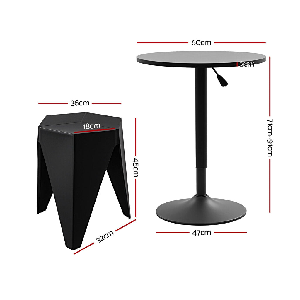 Black stool and round table with dimensions labeled on a white background