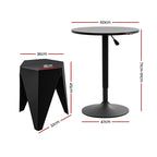 Black stool and round table with dimensions labeled on a white background