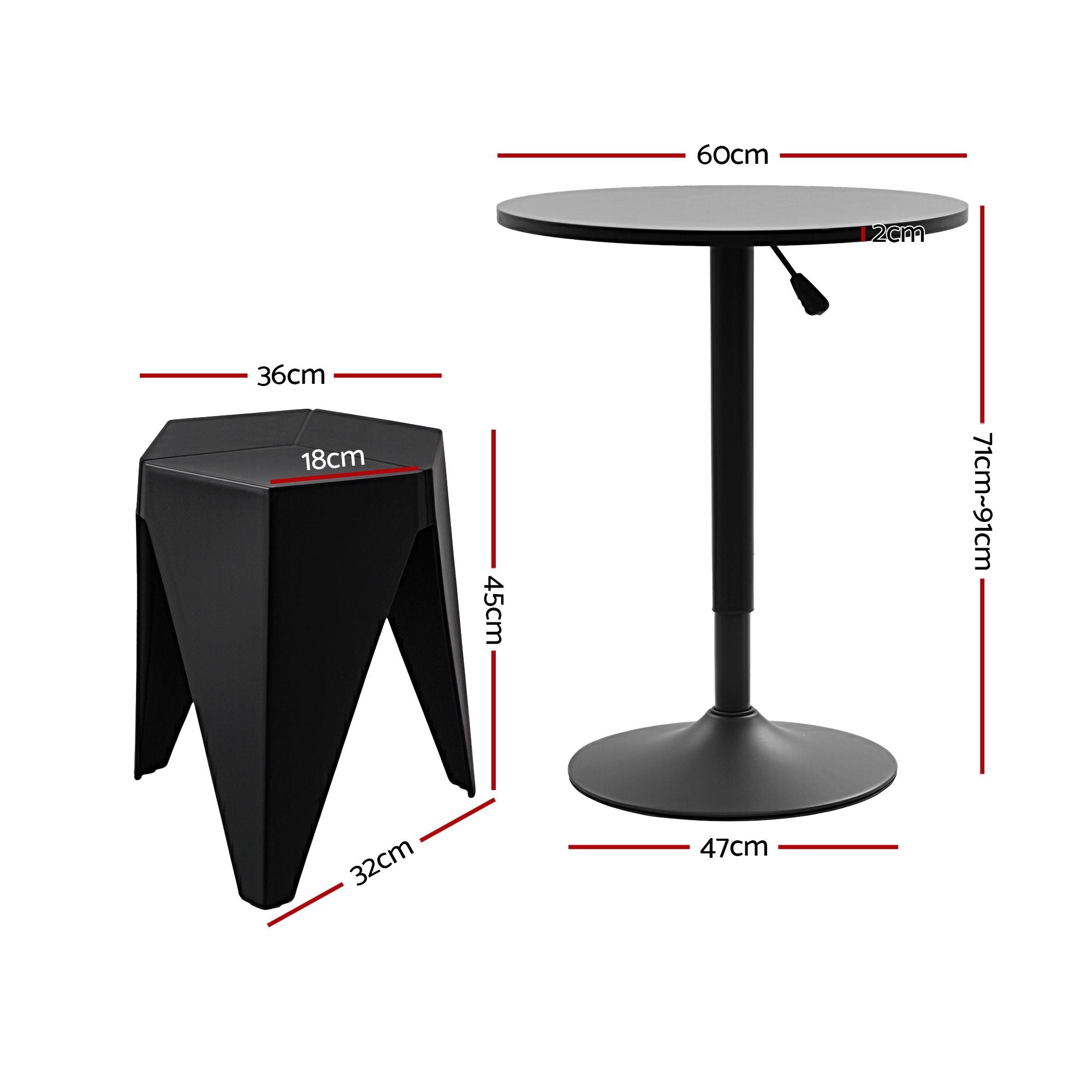 Black stool and round table with dimensions labeled on a white background