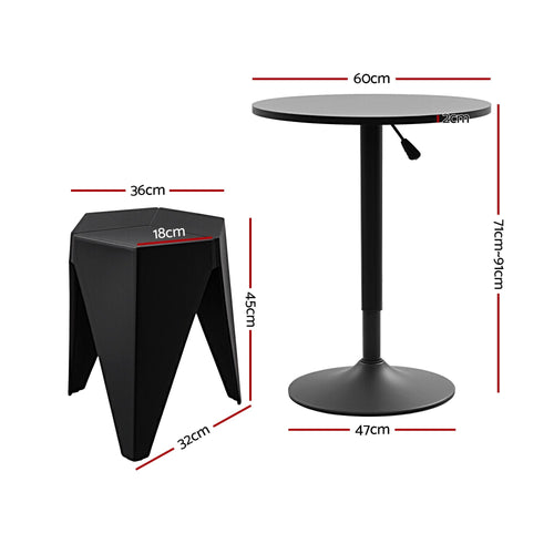 Black stool and round table with dimensions labeled on a white background