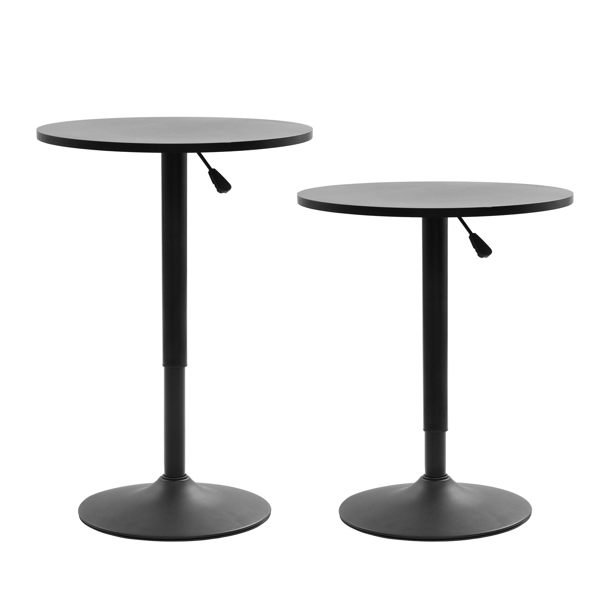 Two black round tables with adjustable height on a white background