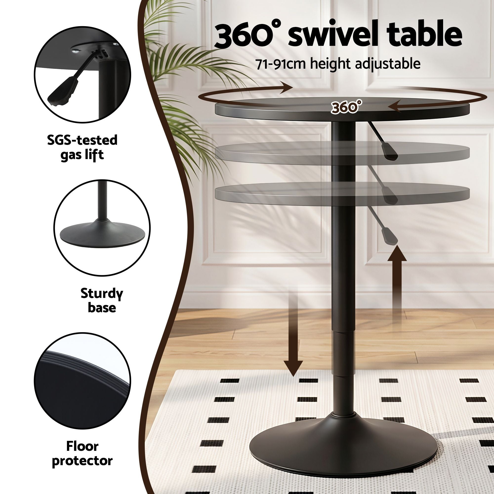 360-degree swivel table with height adjustment features on a white background