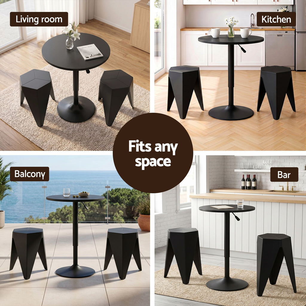 Black round table with stools in various settings including living room, kitchen, balcony, and bar.
