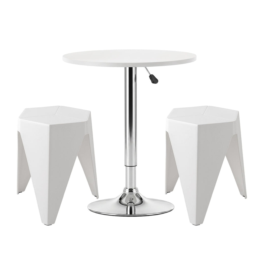 White round table with two matching stools on a white backgro