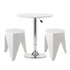 White round table with two matching stools on a white backgro