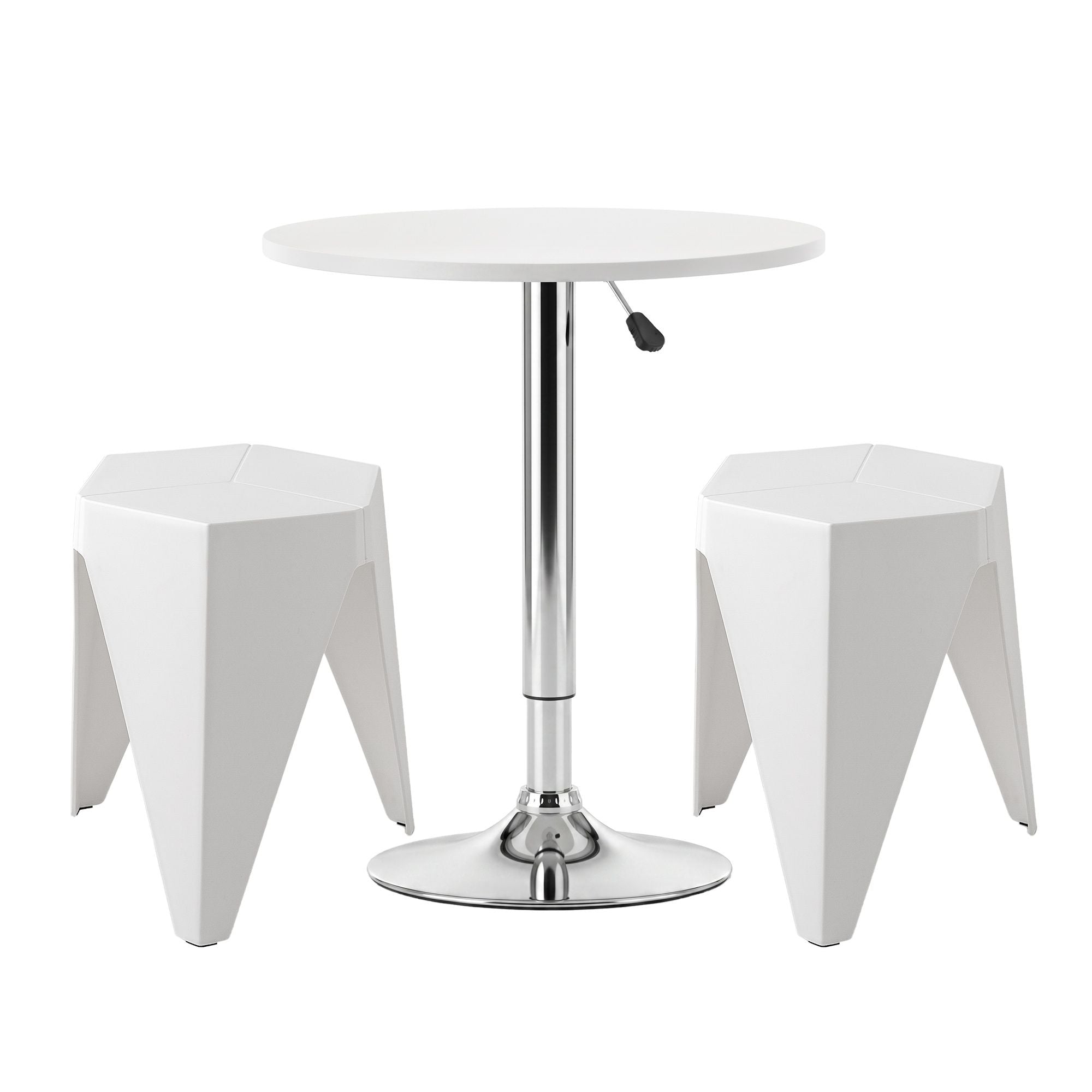White round table with two matching stools on a white backgro