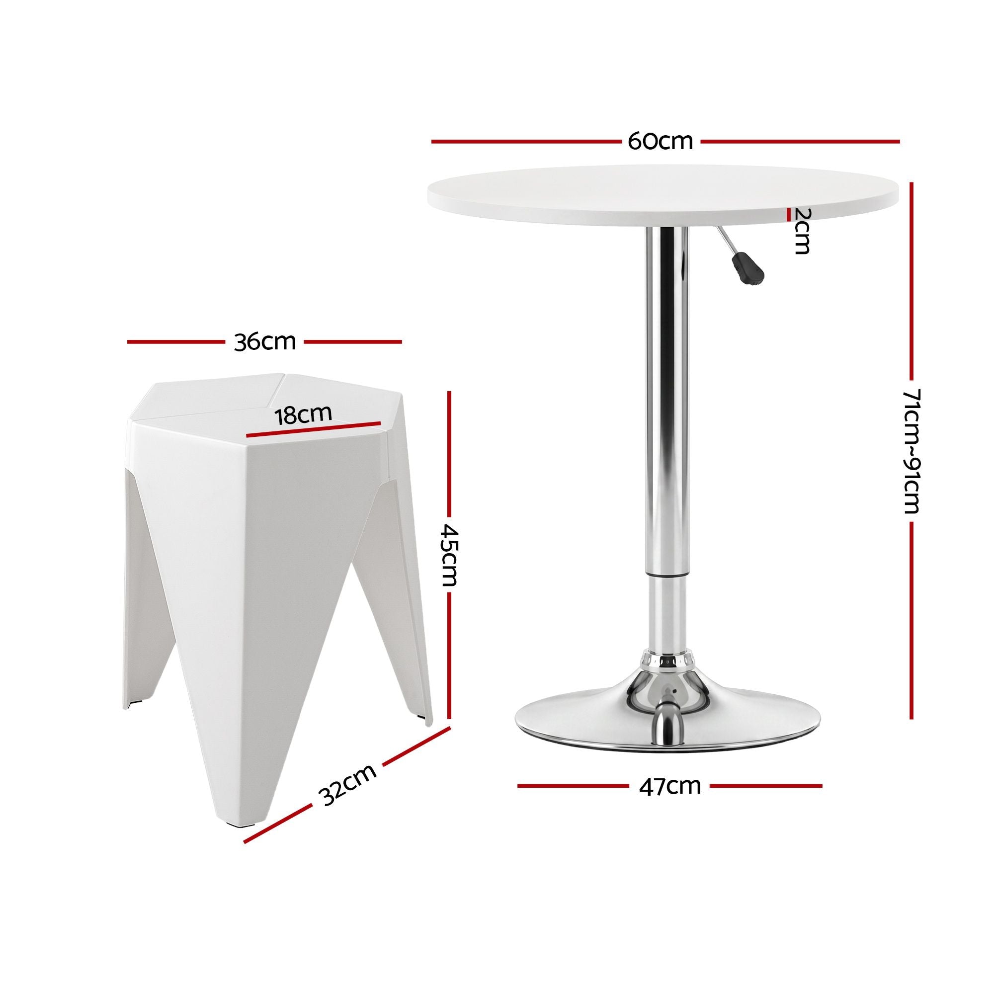 White stool and round table with dimensions labeled on a white background