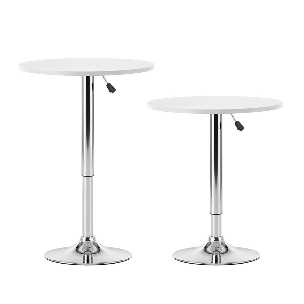 wo white round tables with chrome legs on a white background