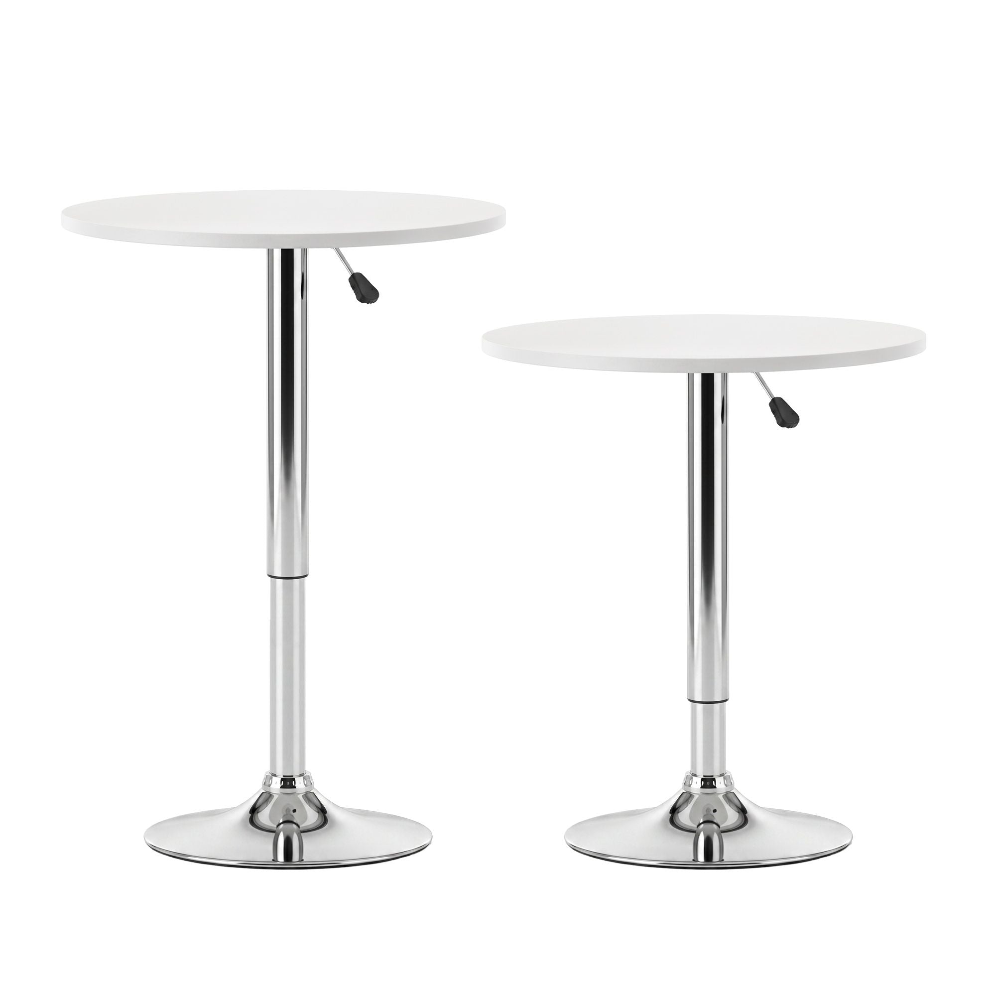 wo white round tables with chrome legs on a white background