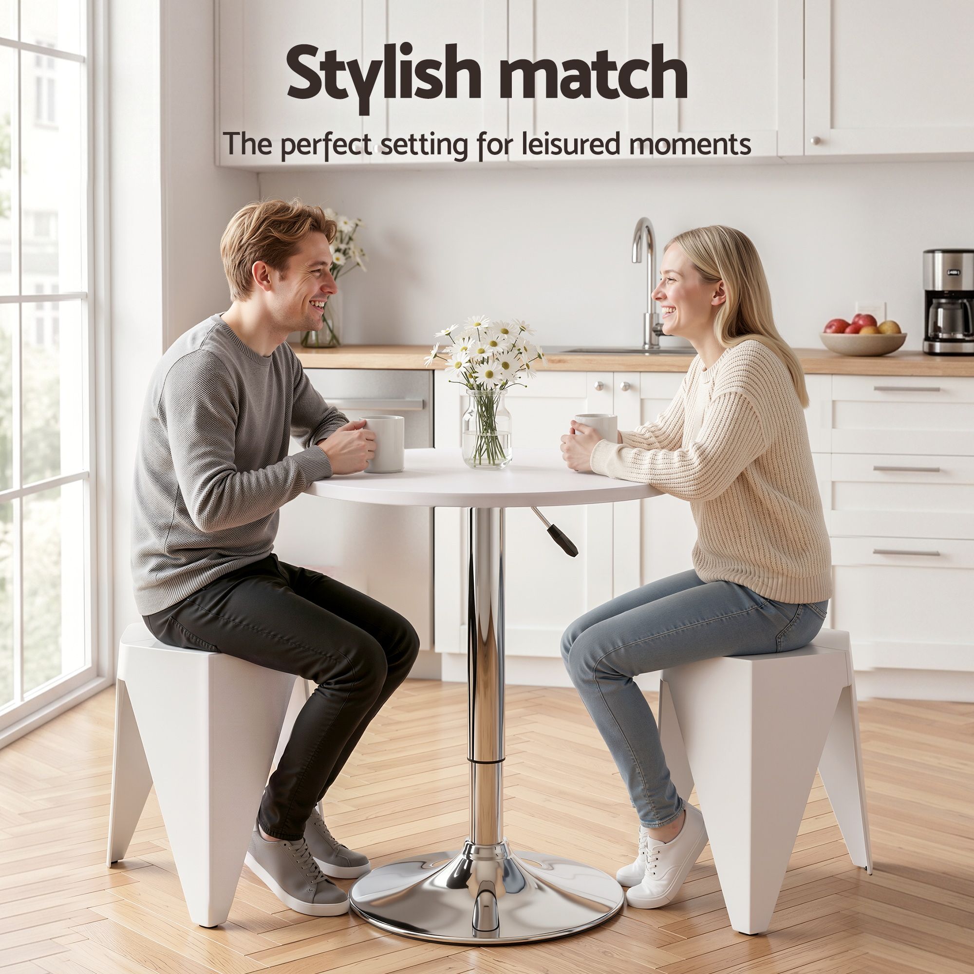 Two people sitting at a modern kitchen table with 'Stylish match' text abov