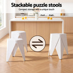 Stackable puzzle stools in a kitchen setting with text describing their compact storage feature.