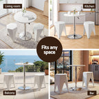 Collage of a white round table with four stools in various settings including living room, kitchen, balcony, and bar.