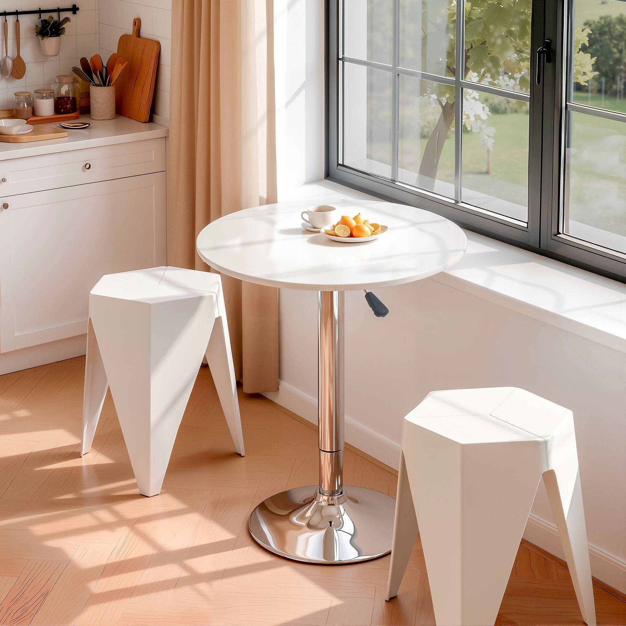 Small round table with stools in a bright kitchen