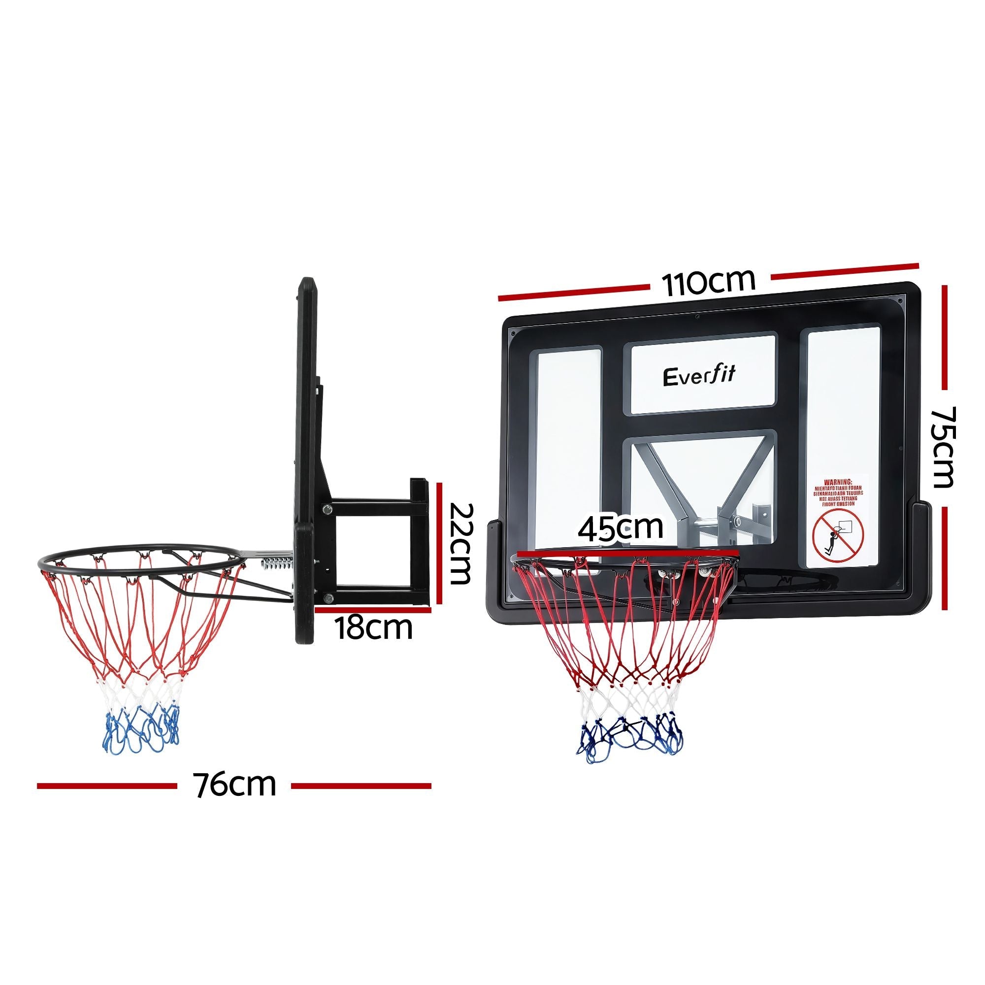 Basketball hoop set with dimensions labeled on a white background