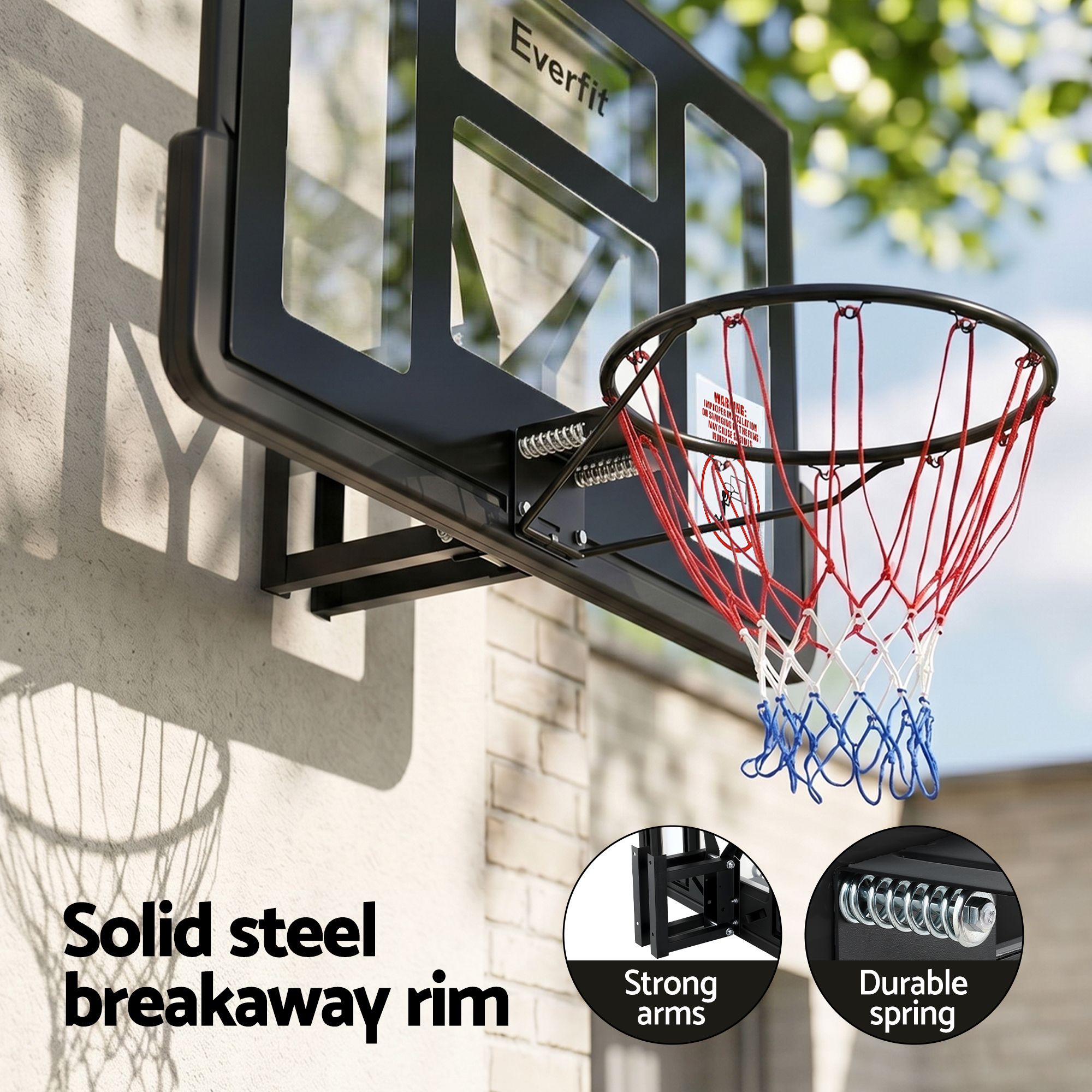 Wall-mounted basketball hoop with Everfit branding and features highlighted.