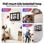 Wall mount kids basketball hoop with usage scenarios in bedroom, outdoor, and office.