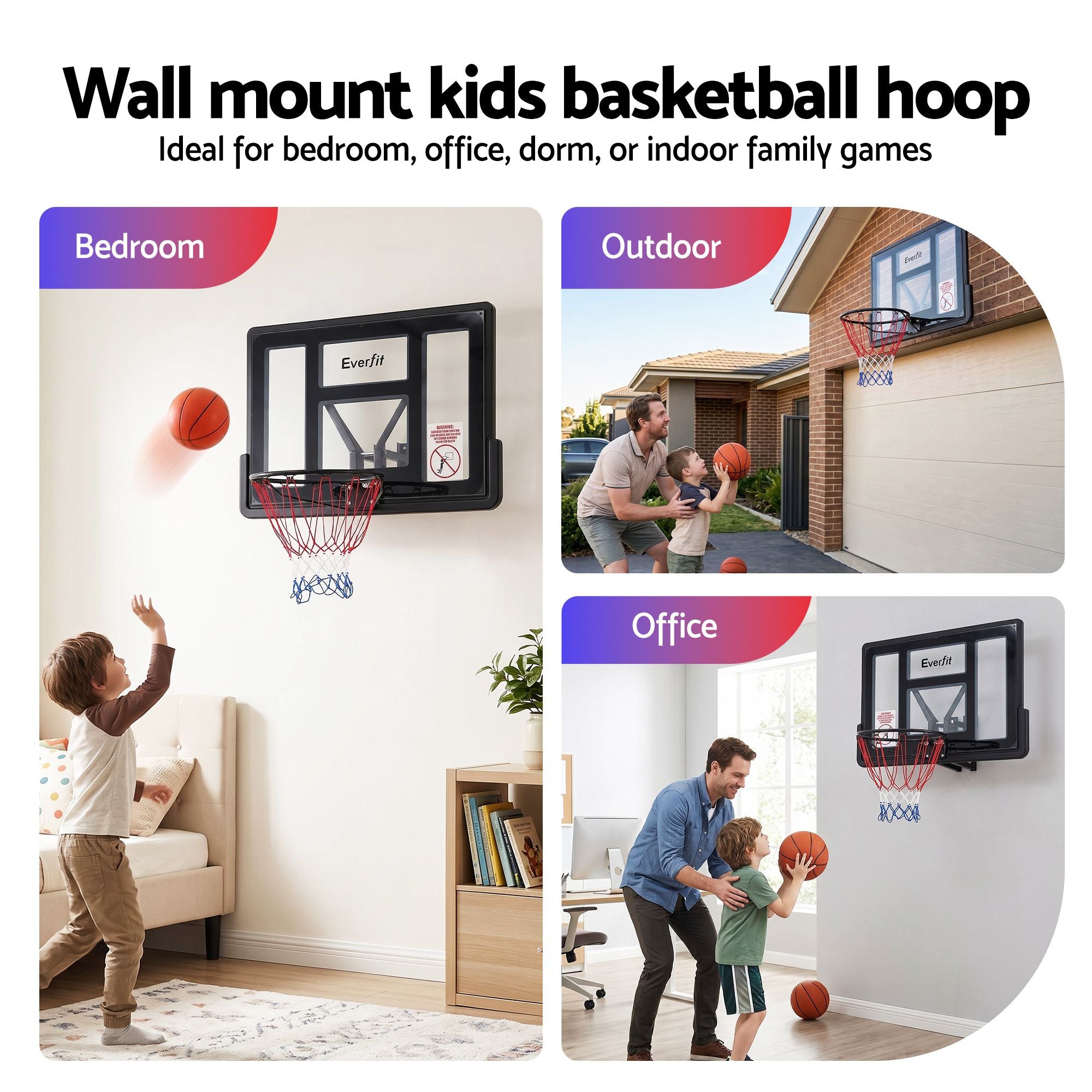 Wall mount kids basketball hoop with usage scenarios in bedroom, outdoor, and office.
