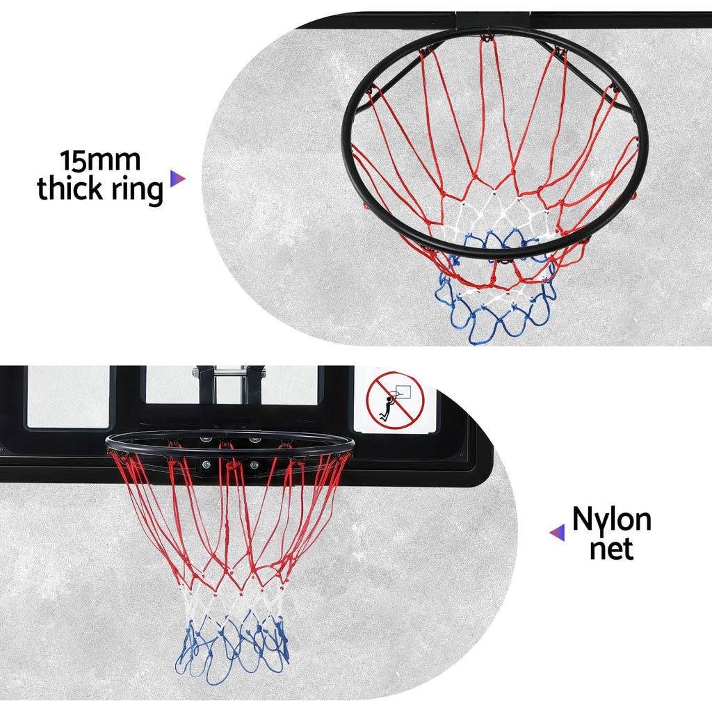 Basketball hoop with 15mm thick ring and nylon net on a gray background