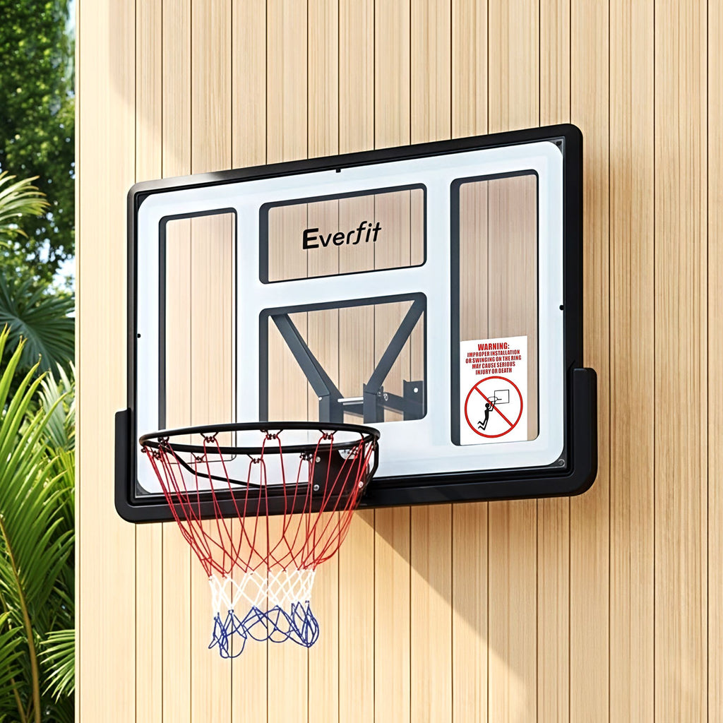 Wall-mounted basketball hoop with 'Everfit' branding on a wooden wall