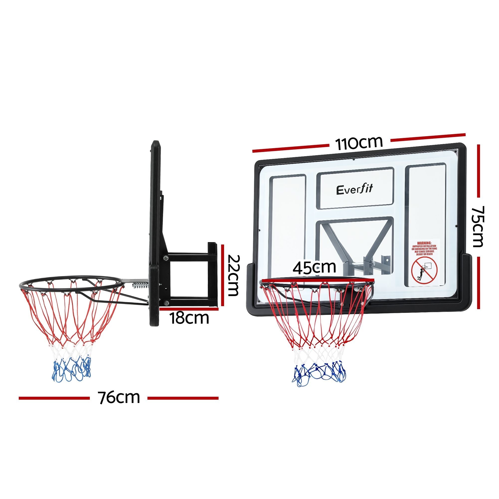 Basketball hoop set with dimensions labeled on a white background