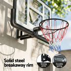 Basketball hoop with Everfit branding on a wall, featuring solid steel breakaway rim and strong arms.