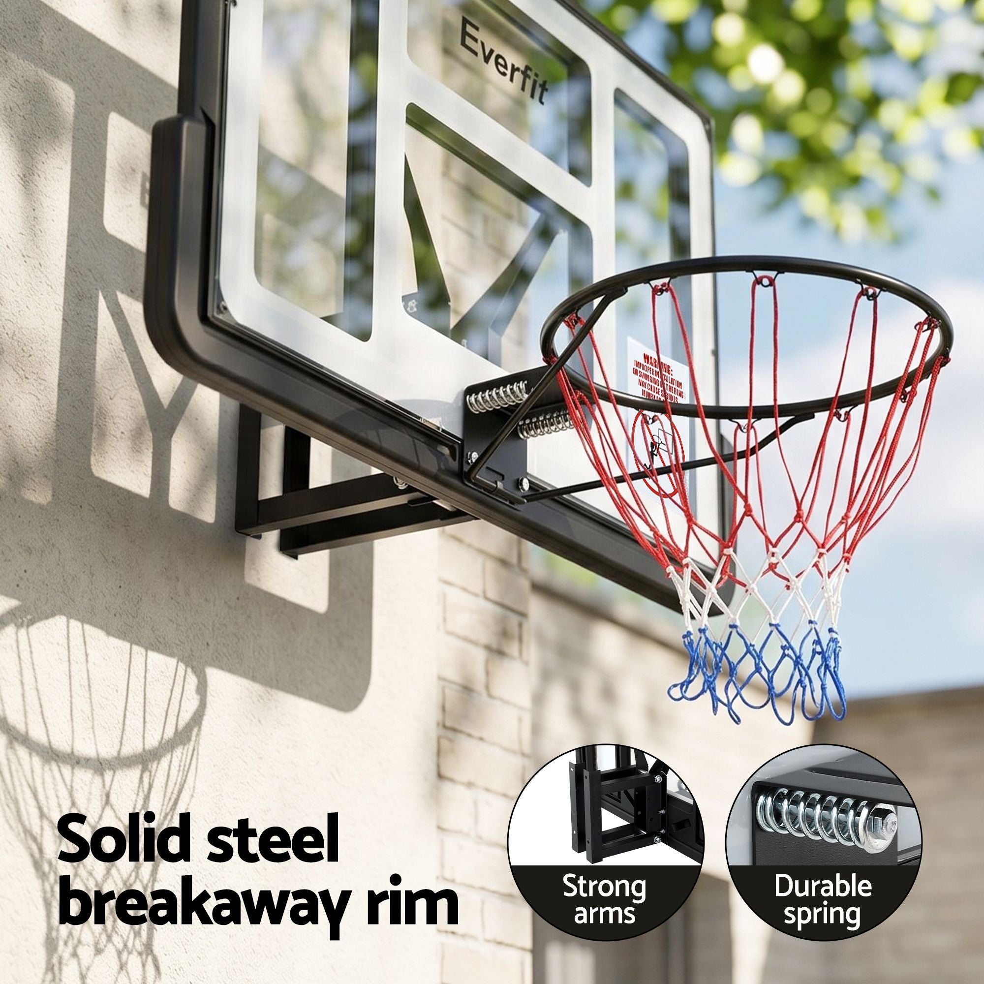 Basketball hoop with Everfit branding on a wall, featuring solid steel breakaway rim and strong arms.
