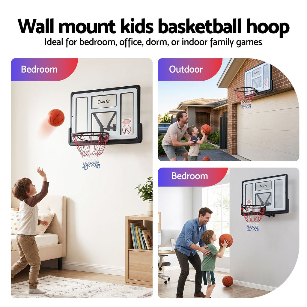 Wall mount kids basketball hoop with usage scenarios in bedroom, outdoor, and bedroom.