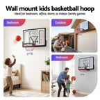 Wall mount kids basketball hoop with usage scenarios in bedroom, outdoor, and bedroom.