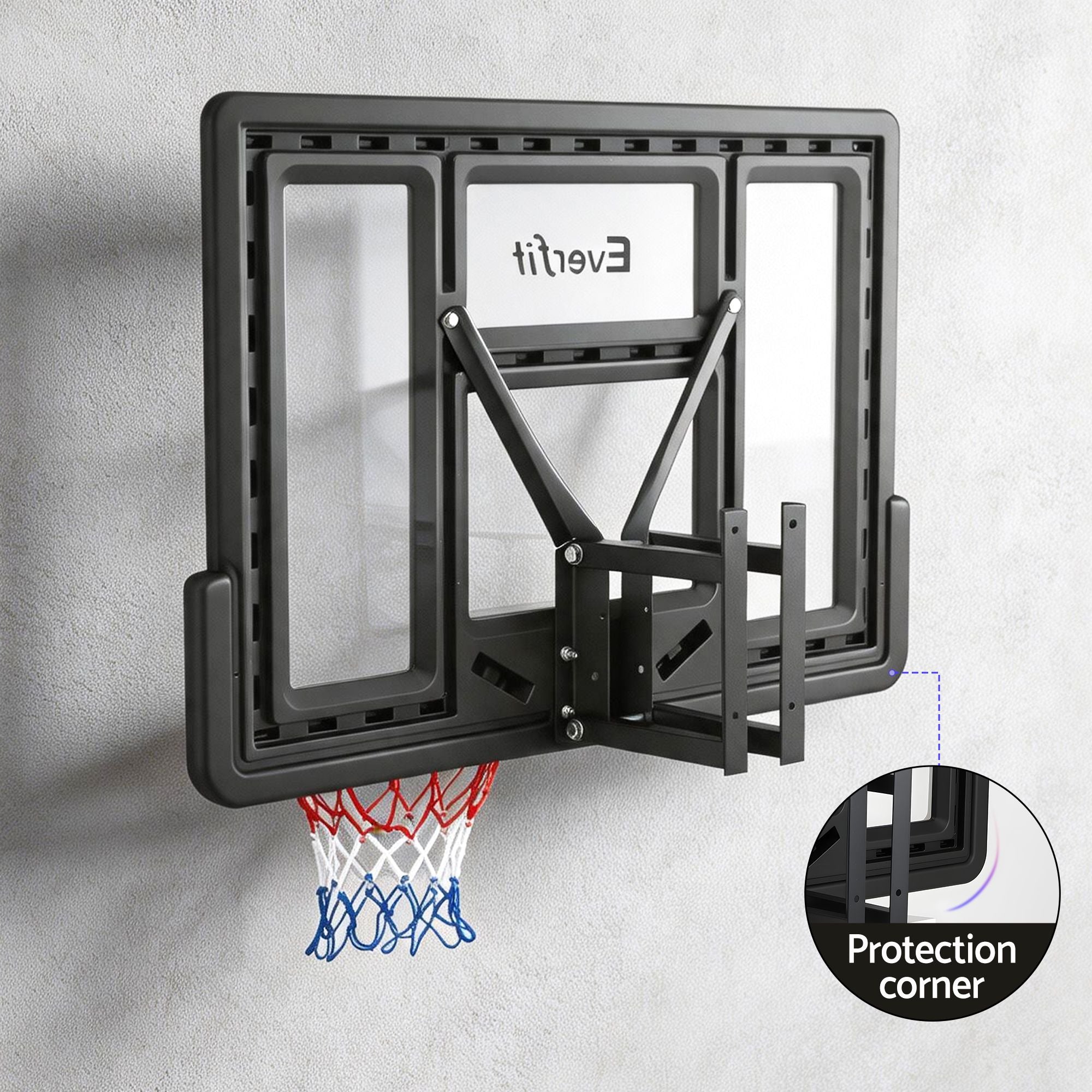 Wall-mounted basketball hoop with Everlast branding on a gray backgroun