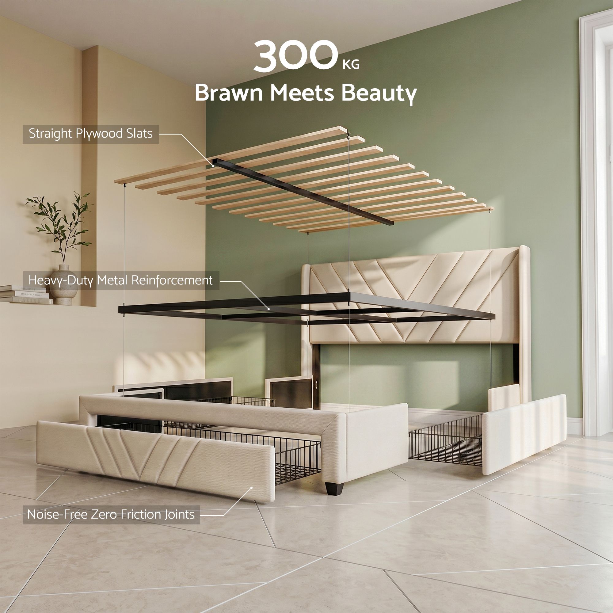 Artiss Double Bed Frame – USB Charging, Storage Drawers, Beige
