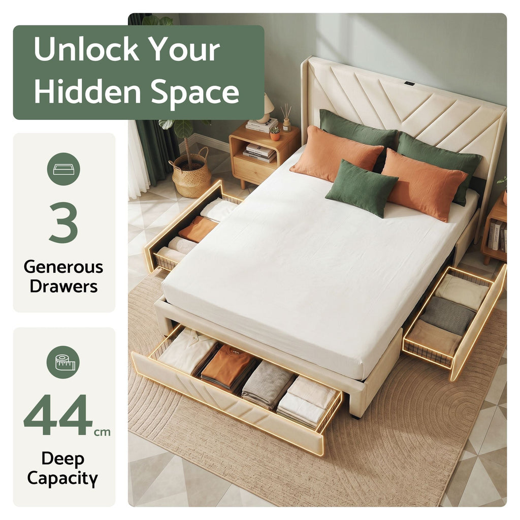 Artiss King Bed Frame – USB Charging, Storage Drawers, 300KG