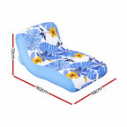 An inflatable lounge chair with a blue and white tropical leaf pattern and yellow flowers, shown with red dimension lines indicating measurements of 163cm, 94cm, and 72cm.
