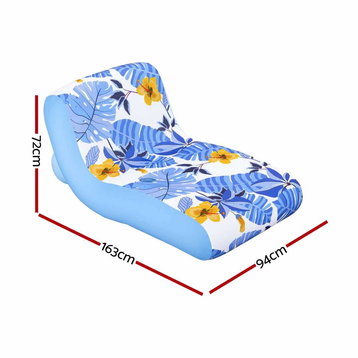 An inflatable lounge chair with a blue and white tropical leaf pattern and yellow flowers, shown with red dimension lines indicating measurements of 163cm, 94cm, and 72cm.