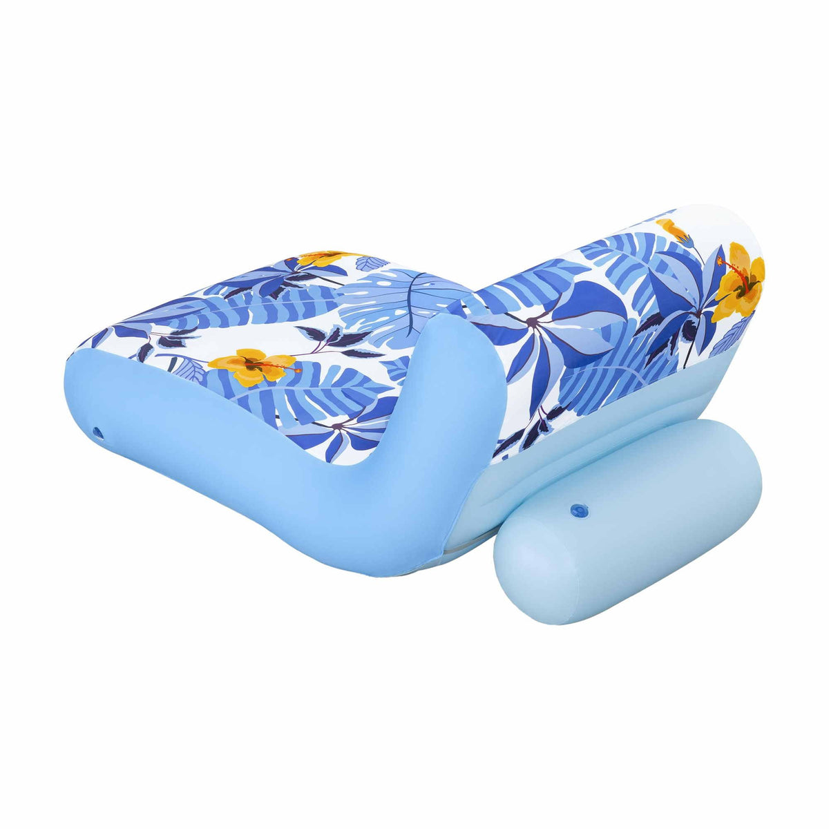 An inflatable pool float chair with a tropical leaf pattern in blue, white, and yellow, featuring a light blue base and a separate light blue pump bulb, shown on a solid white background.

Details