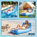 A collage showing a blue and white tropical floral inflatable lounger/sofa in three outdoor settings: by a swimming pool, camping on grass beside a tent, and on a sandy beach. A woman is reclining in the lounger in each scene.