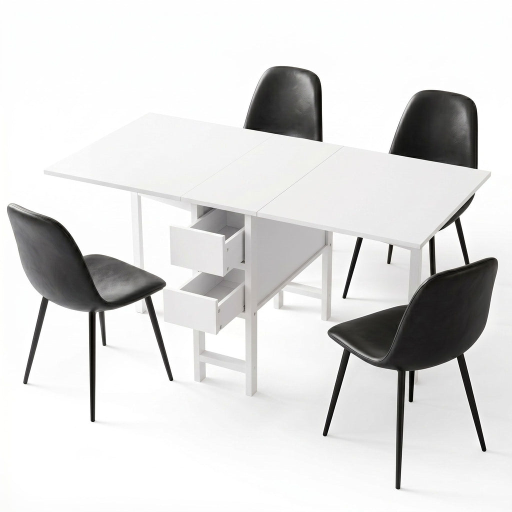 White dining table with four black chairs on a white background
