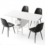White dining table with four black chairs on a white background