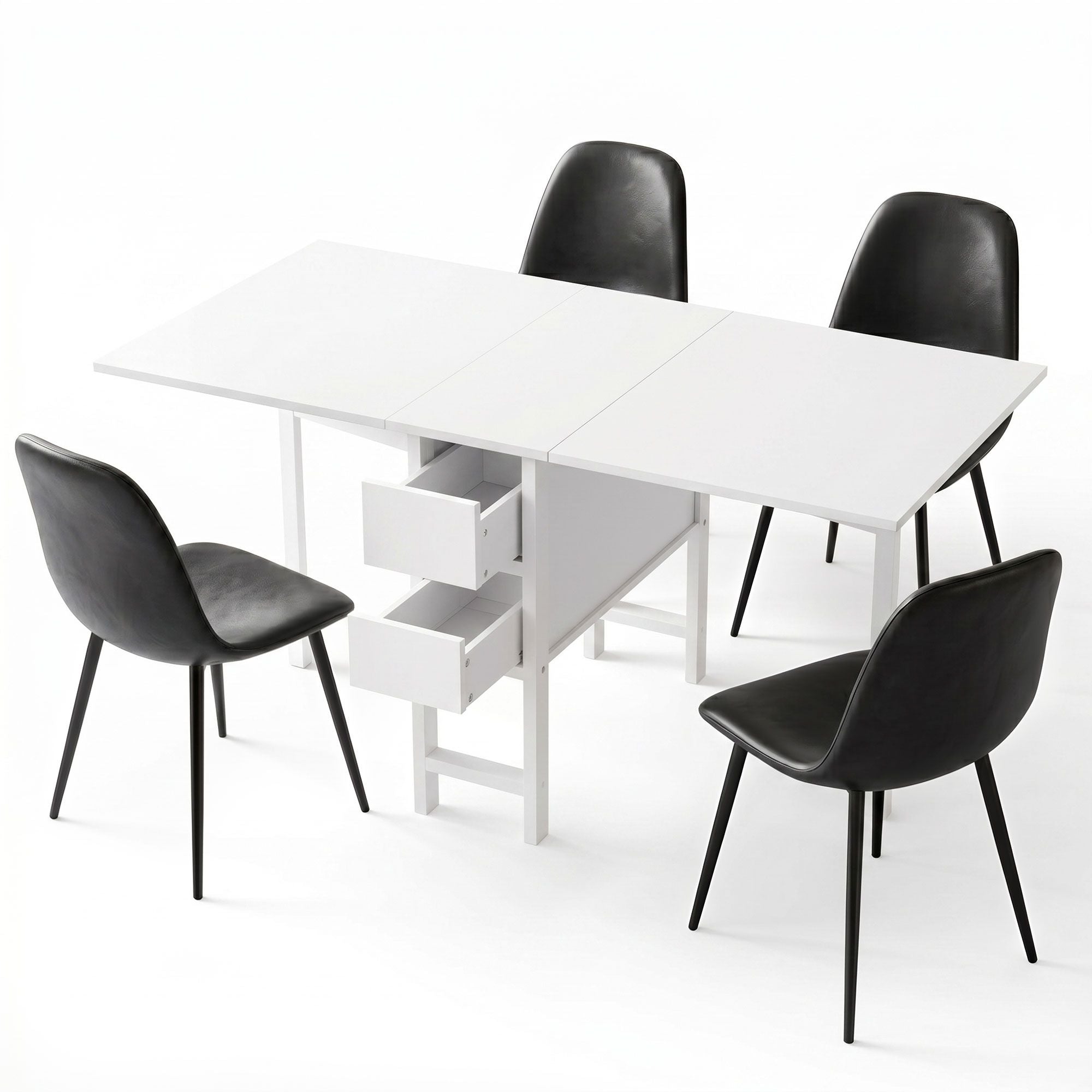 White dining table with four black chairs on a white background