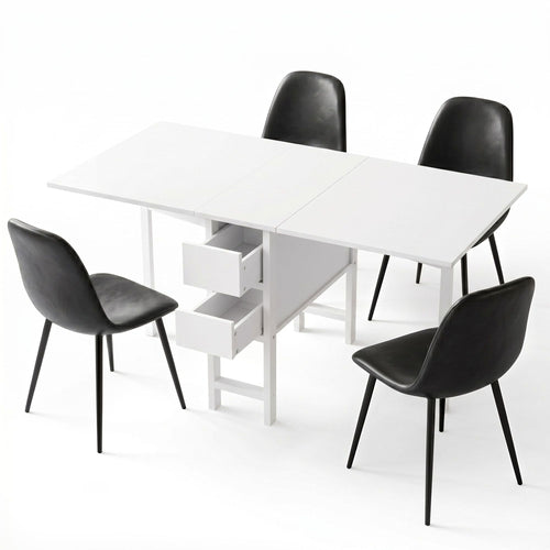 White dining table with four black chairs on a white background