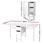 White dining table with dimensions labeled on a white background