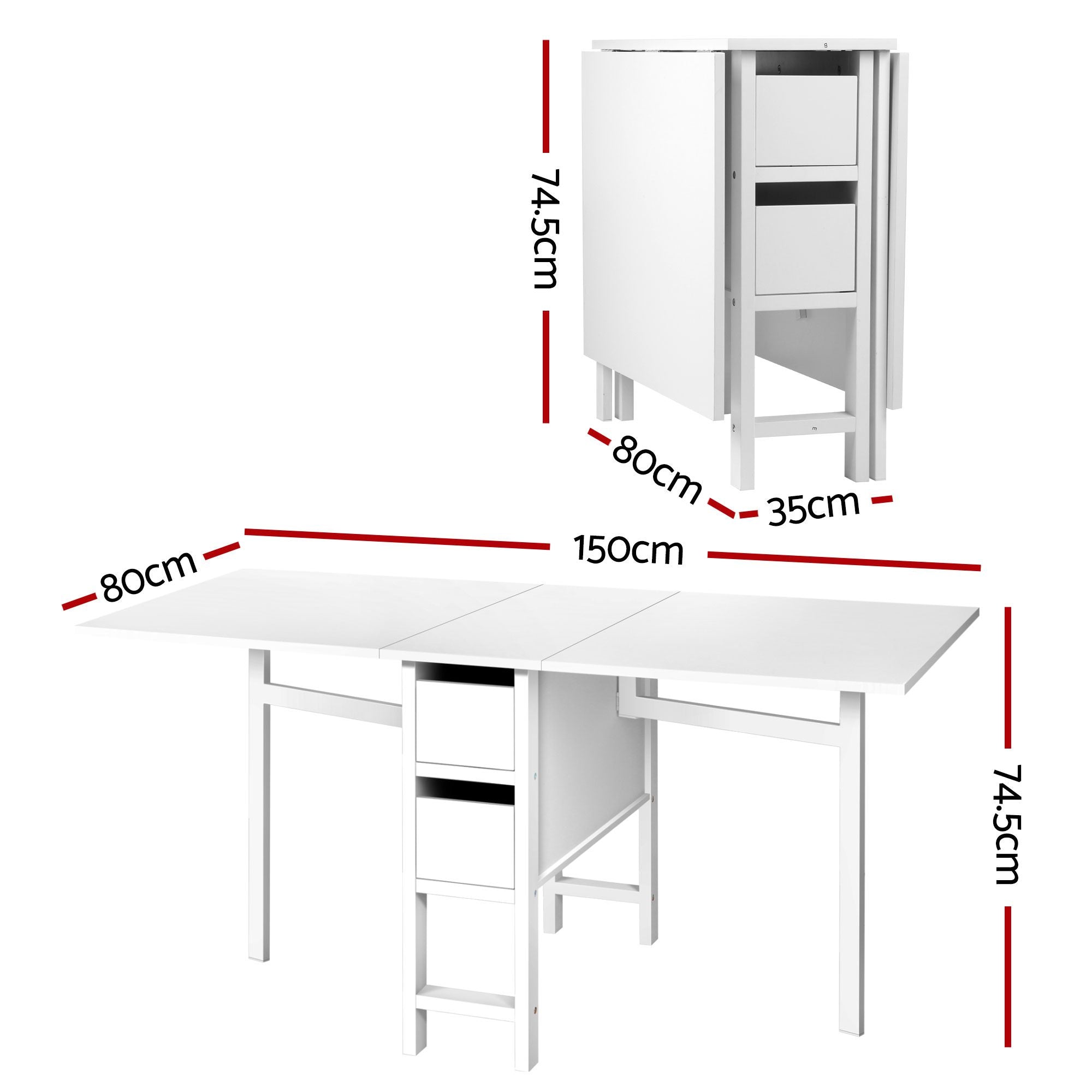 White dining table with dimensions labeled on a white background