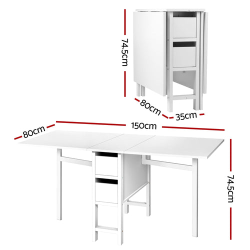 White dining table with dimensions labeled on a white background