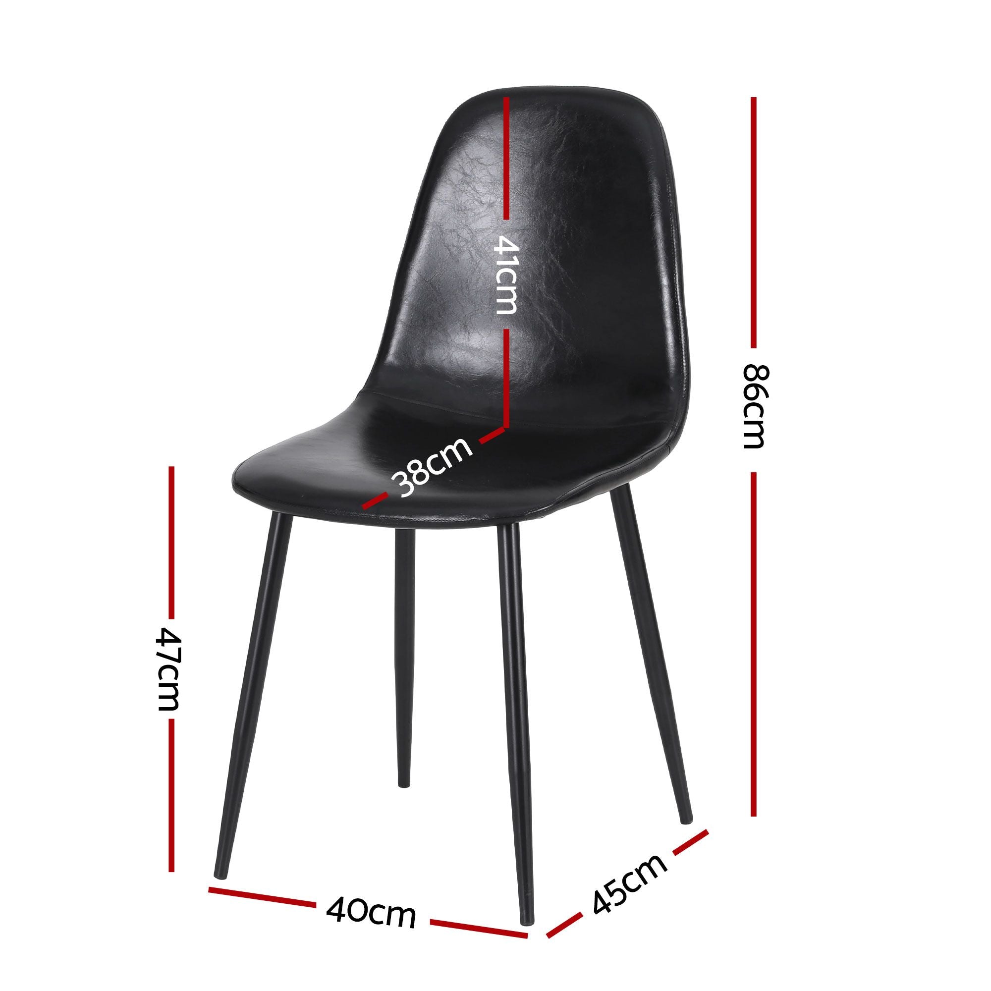 Black chair with dimensions marked on a white background