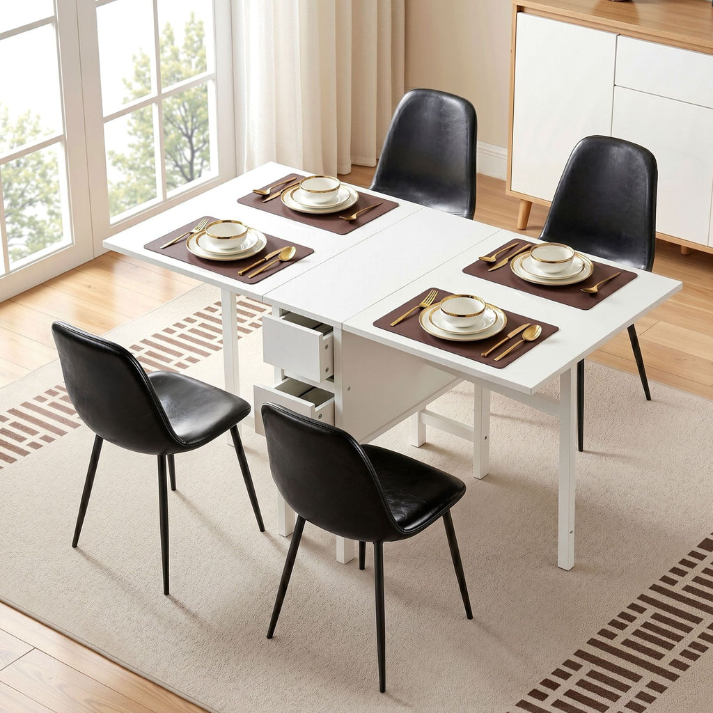 Dining table set with black chairs in a bright room
