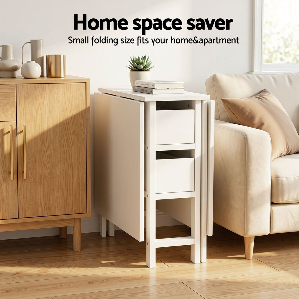 Small folding side table in a living room setting with text 'Home space saver'.