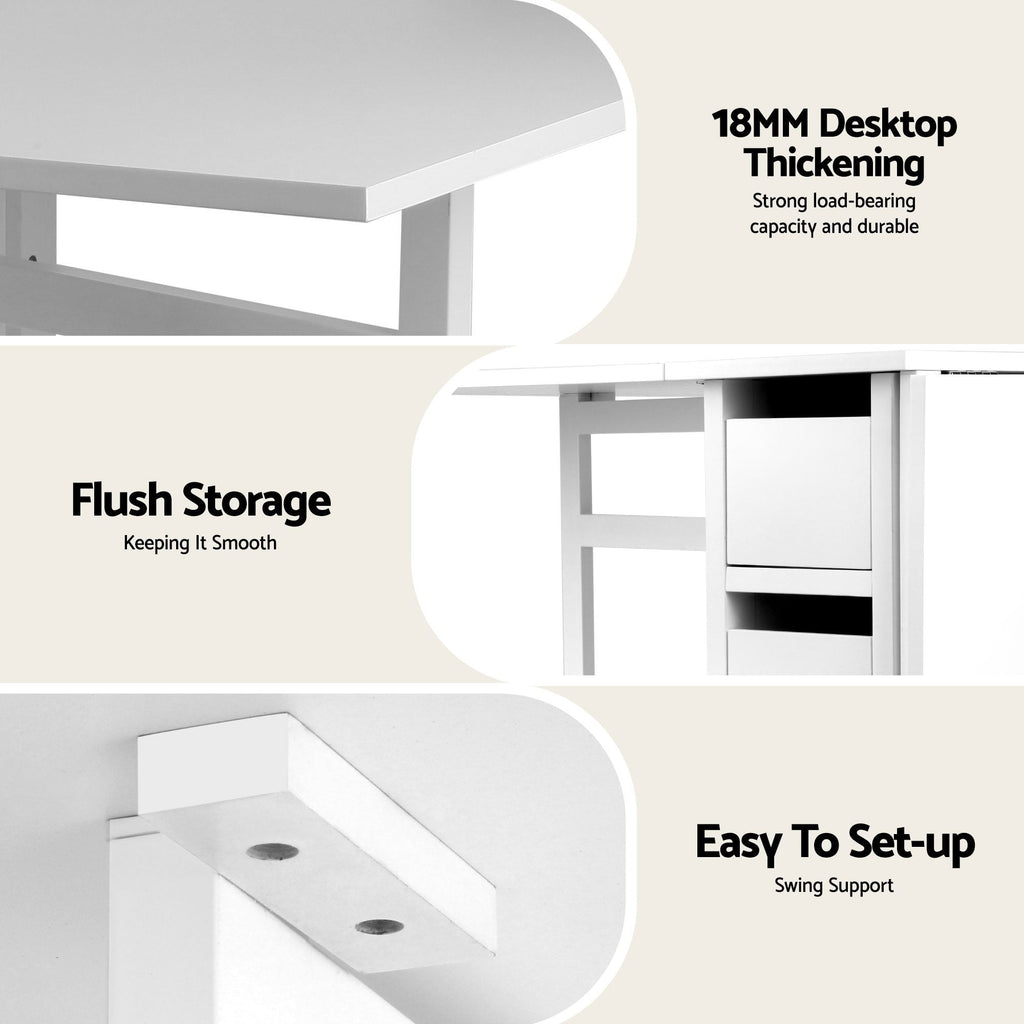 White desk with text highlighting features like thickening, storage, and setup ease.