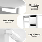 White desk with text highlighting features like thickening, storage, and setup ease.