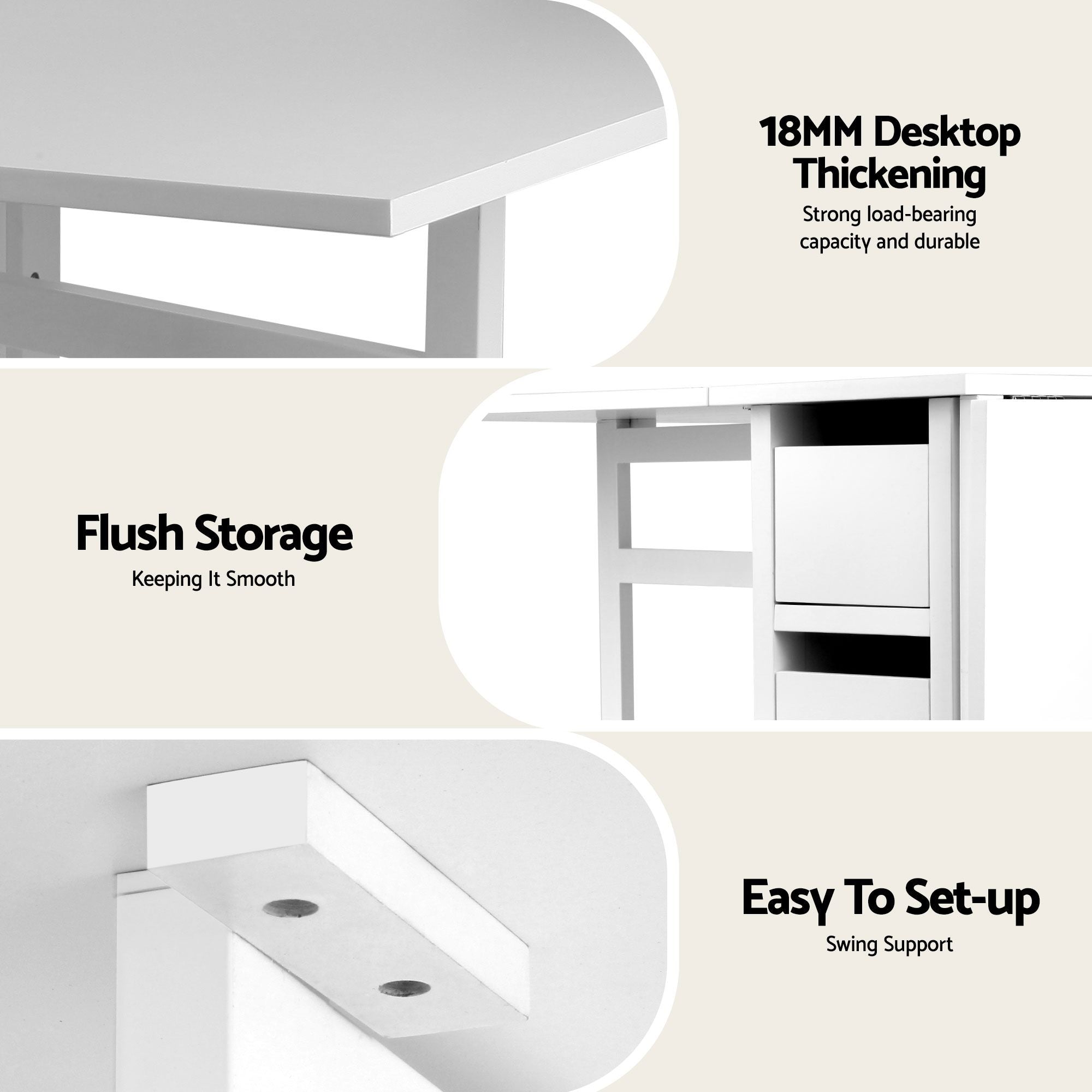 White desk with text highlighting features like thickening, storage, and setup ease.