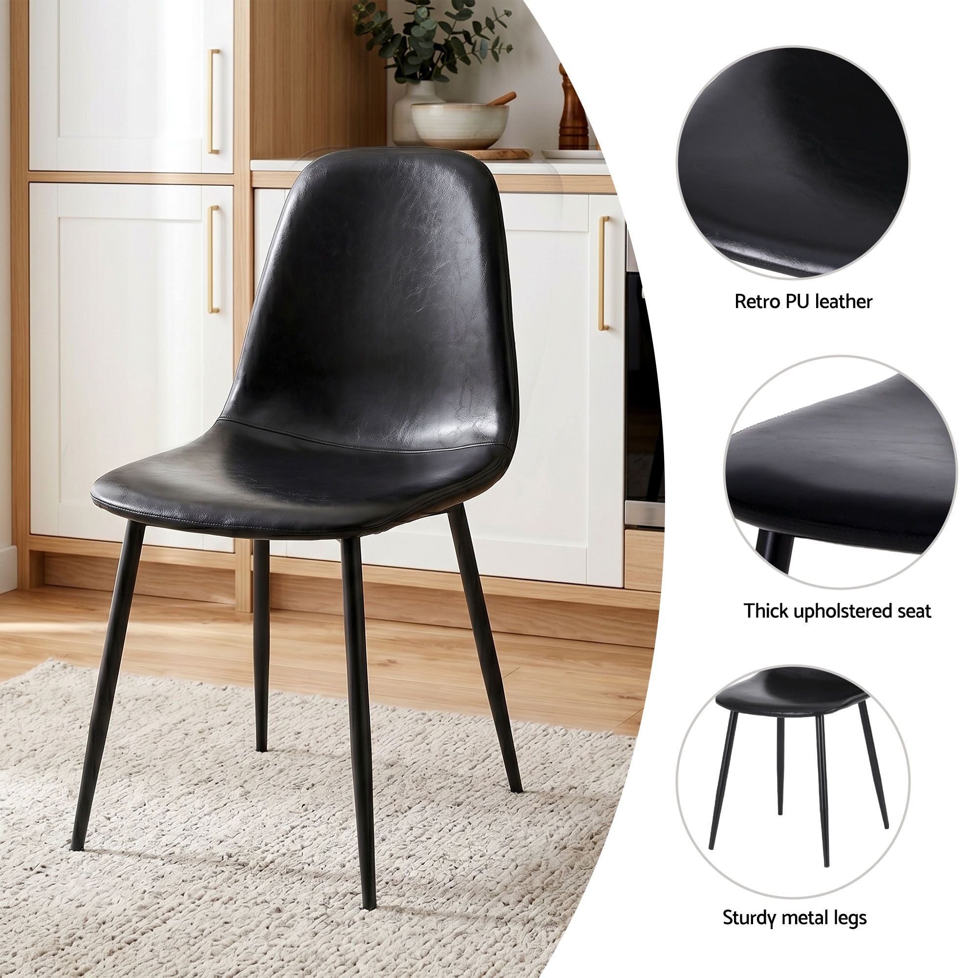 Black chair with retro PU leather seat, thick upholstered seat, and sturdy metal legs in a room setting.